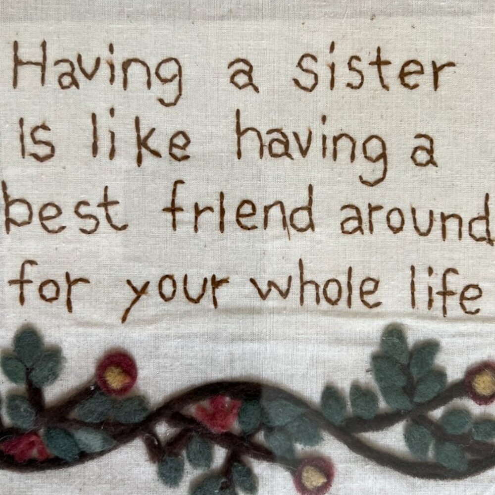 Charming FRAMED NEEDLEPOINT on Fabric w Applique Embroidery Sisters 12.5" sq - Picture 2 of 8